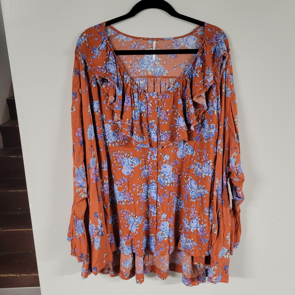 Free People Dress Women's Size M Floral Ruffle Long Sleeve Mini Orange Boho NWT - Picture 2 of 10